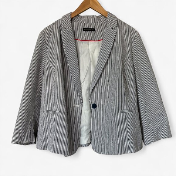 British Khaki Navy Blue and White Striped 100% Cotton Seersucker Blazer Preppy - Picture 8 of 9